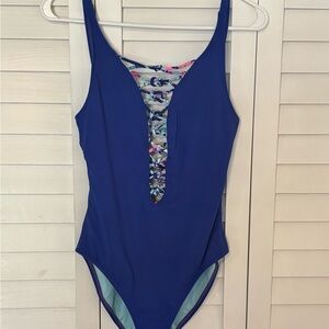 Lilly Pulitzer Ladies One-Piece Swimsuit - Blue with Floral Lattice Front.